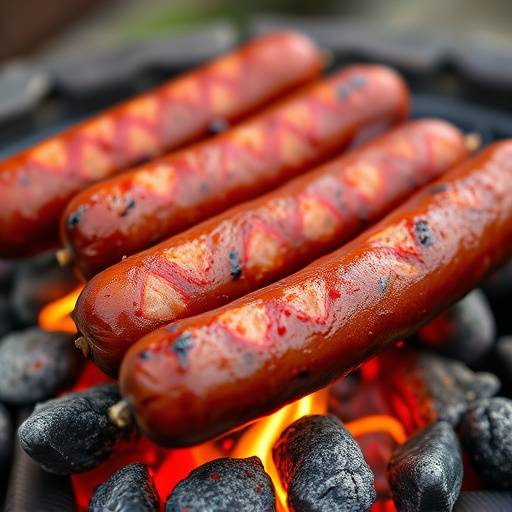A coiled Boerewors sausage on a braai, sizzling over hot coals.