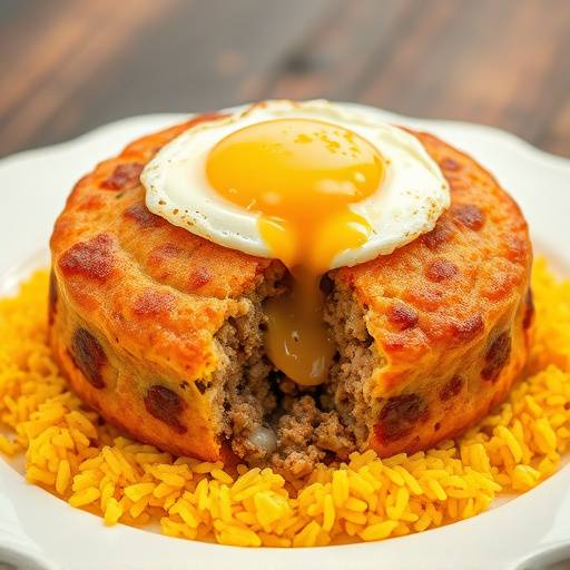 A golden brown Bobotie, a savory minced meat dish with a creamy egg topping, served with yellow rice