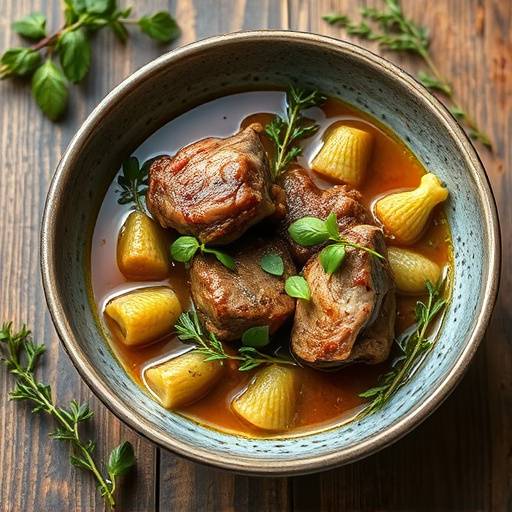 A plate of hearty Waterblommetjie Bredie, a traditional stew with waterblommetjies (Cape pondweed) and lamb, garnished with fresh herbs