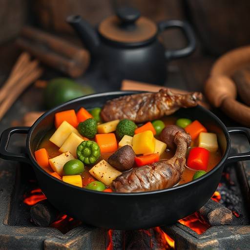 A Potjiekos simmering over an open fire, with vegetables and meat visible in the pot.