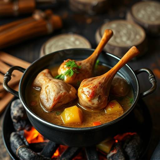 A steaming pot of traditional Lamb Potjiekos simmering over an open fire
