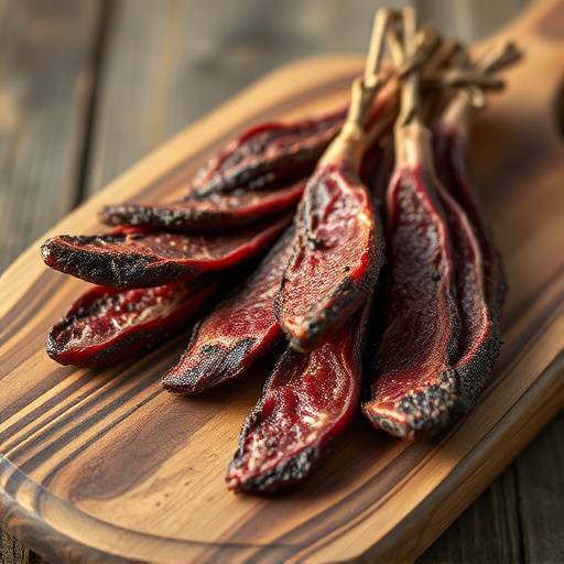 Biltong, dried cured meat similar to jerky, displayed on a wooden cutting board.