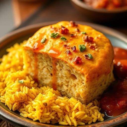Bobotie dish served with yellow rice and chutney