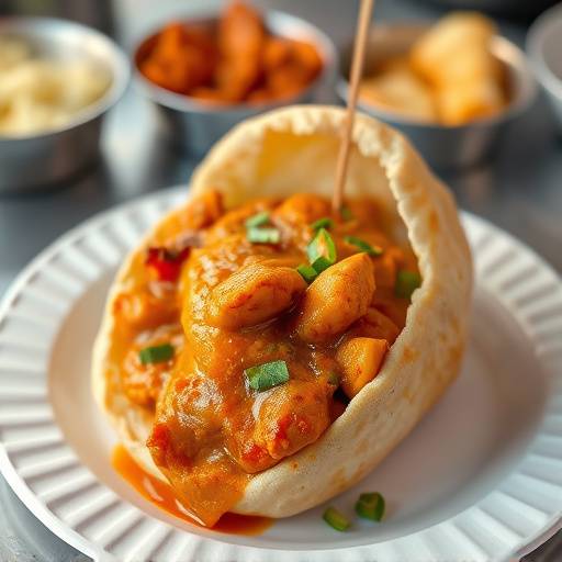 Bunny chow, a Durban-style street food consisting of a hollowed-out loaf of bread filled with curry, served on a paper plate.