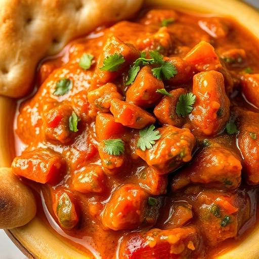 Chakalaka, a spicy vegetable relish, served in a small bowl with bread rolls in the background.