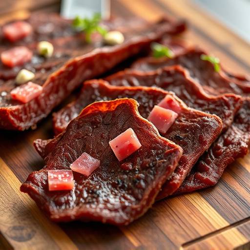 Close-up of biltong slices on a wooden board