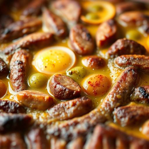 Close-up of Bobotie, a spiced minced meat dish with an egg custard topping, served in a baking dish.